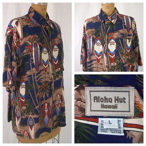vtg ALOHA HUT Rainbow Surfboard Hawaiian Shirt EUC